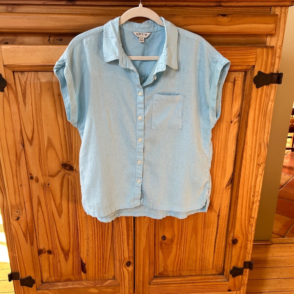 Orvis Blouse Linen/Viscose Button Up Pocket Baby Blue Top Women's Size M